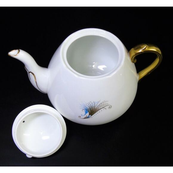 VTG Windsor England c1950 Porcleain TEAPOT Caribbean Gold Blue Peacock MCM - Picture 3 of 12